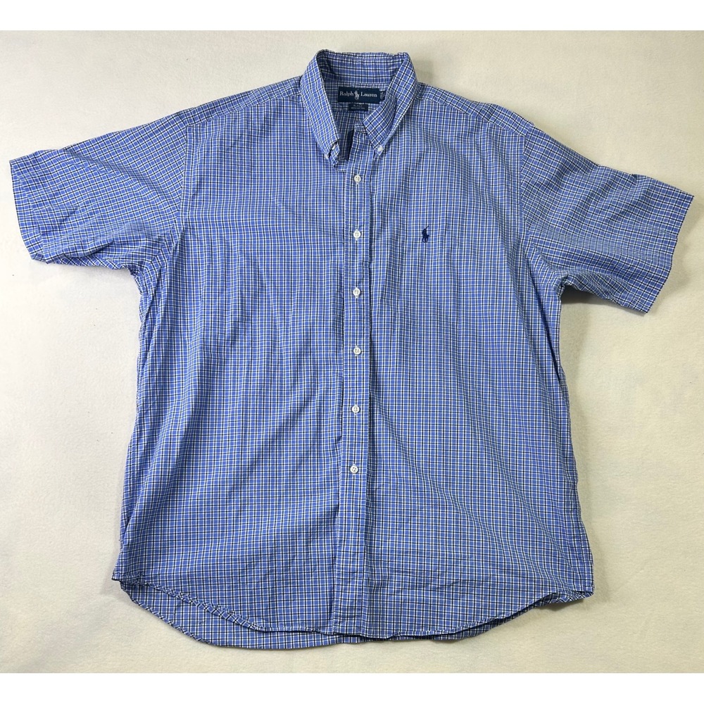 Ralph Lauren Blake Mens XL Blue Plaid Short Sleeve Button Down Cotton Shirt